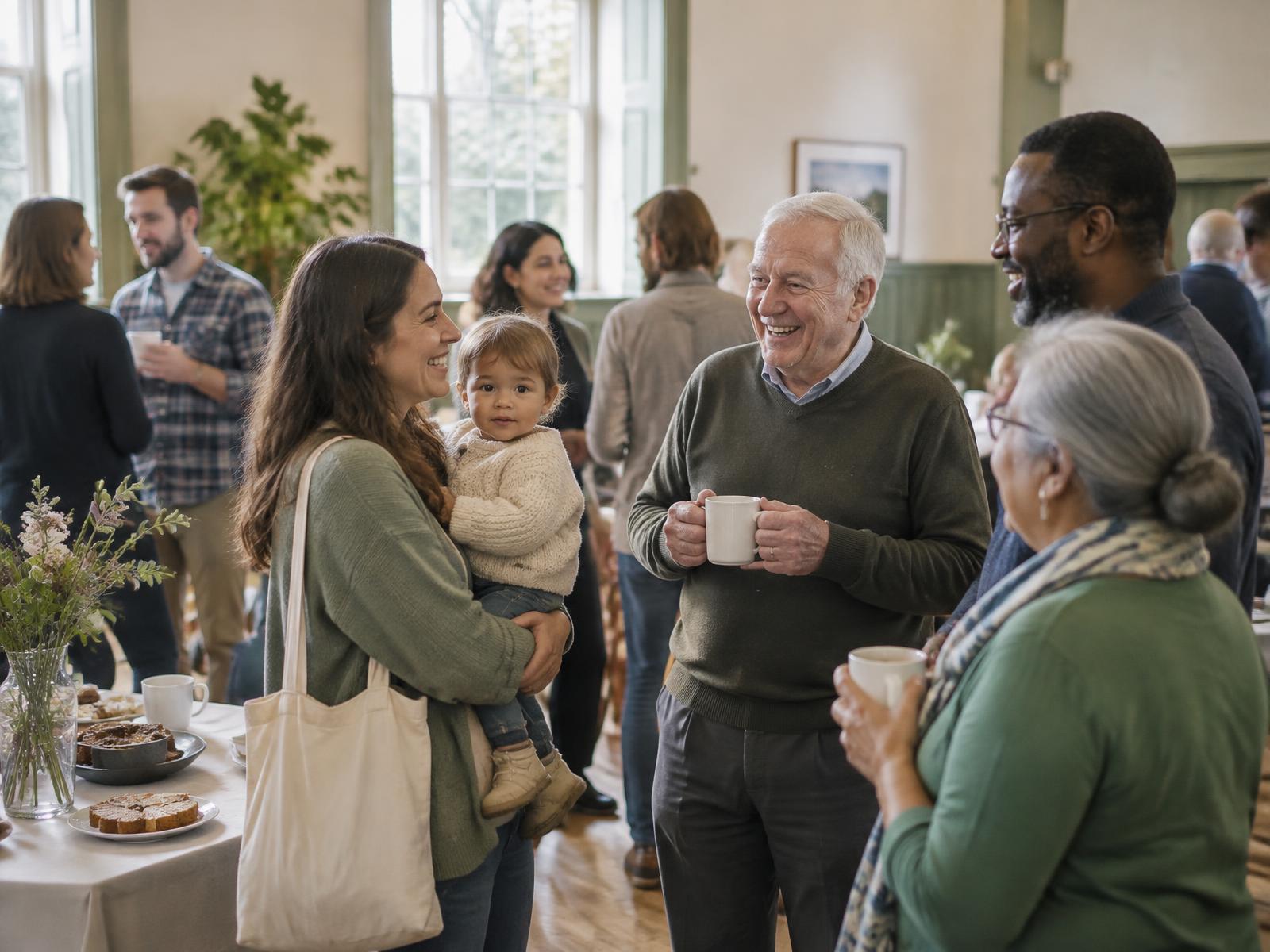 Members of the community talking together over tea in a bright community hall